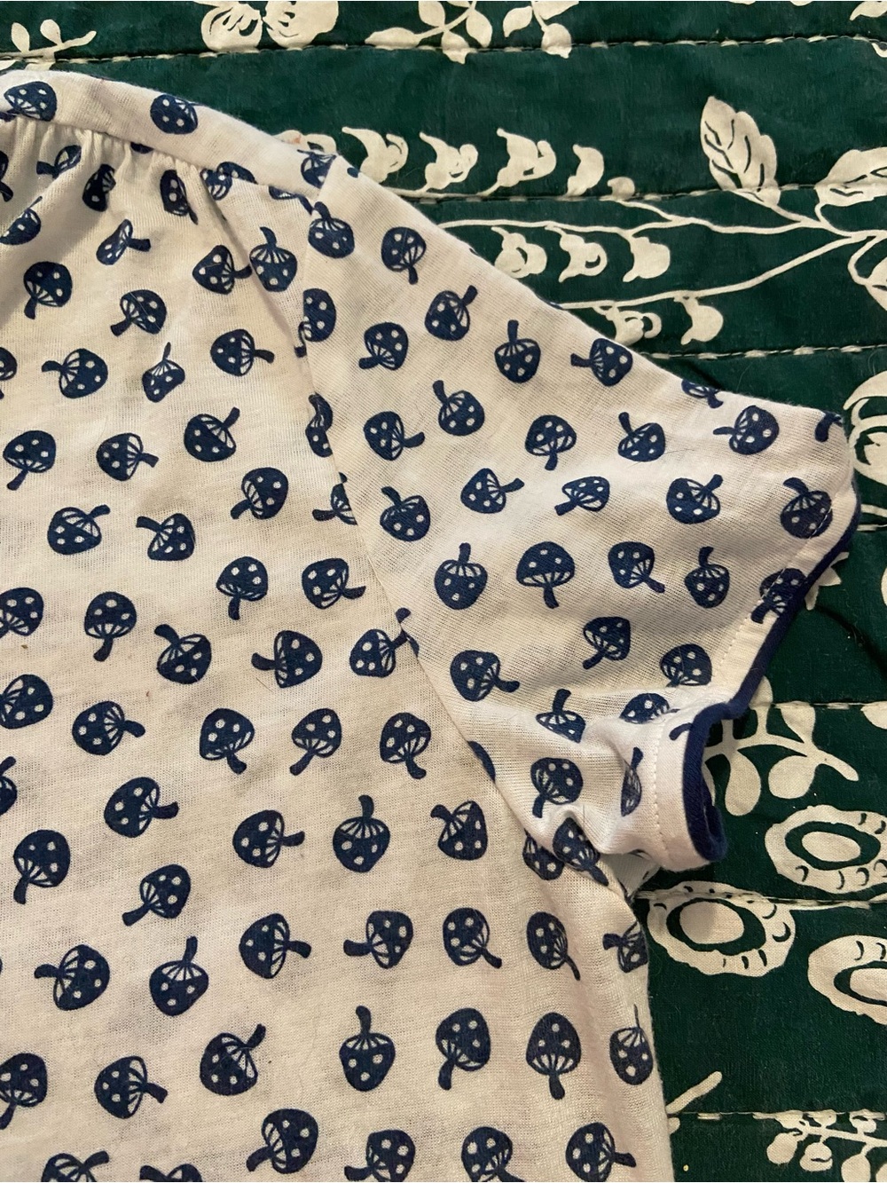 White and Navy Short-Sleeve Mushroom Midi Dress with Button Placket - Picture 7 of 9